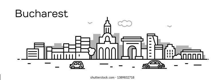 Bucharest city. Modern flat line style. Vector illustration. Concept for presentation, banner, cards, web page
