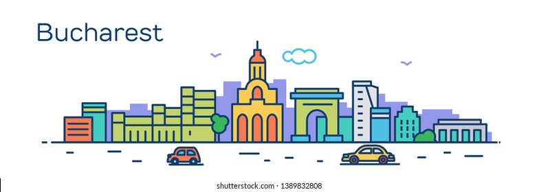 Bucharest city. Modern flat line style. Vector illustration. Concept for presentation, banner, cards, web page
