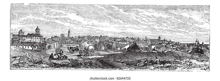 Bucharest, city, Romania, old engraved illustration of Bucharest, city, Romania, 1890s. Trousset encyclopedia (1886 - 1891).