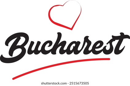 Projeto de texto da cidade de Bucareste com design de ícone tipográfico de coração vermelho adequado para promoção turística