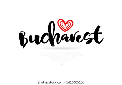 Bucharest city text with red love heart design for typographic icon design suitable for touristic promotion