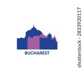 Bucharest cityscape, skyline, panoramic vector logo, icon, clipart. Romania city emblem contour with landmarks and buildings silhouettes