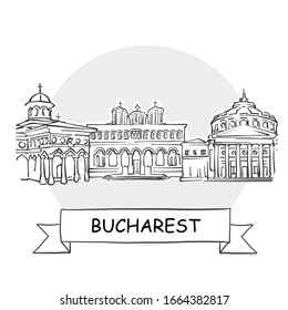 Bucharest Cityscape Vector Sign. Line Art Illustration with Ribbon and Title.