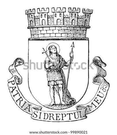 Bucharest coat of arms (capital of Romania) / vintage illustration from Meyers Konversations-Lexikon 1897