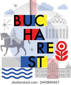 Bucharest culture travel set, video split screen, famous architecture in flat design. Business travel, tourism concept clipart. Image for presentation, banner, website, advert, flyer, roadmap, icon