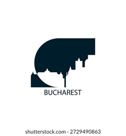 Logotipo de Bucarest, arte de Clip con paisaje urbano, horizonte, panorama, rascacielos. Vector plano aislado ilustración. Imagen de la ciudad de Rumania con Lugares famosos y edificios
