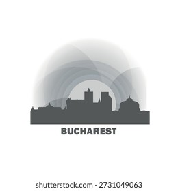 Logotipo de Bucareste, clip-art com paisagem urbana, horizonte, panorama, arranha-céus. Ilustração isolada de vetor plano. Imagem da cidade da Romênia com pontos de referência e edifícios