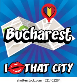 Bucharest. I Love That City. Vector Illustration with country flag.