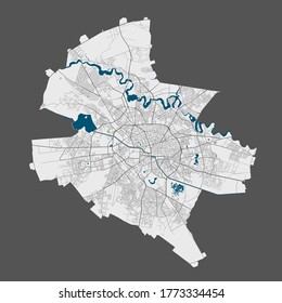 Bucharest map. Detailed vector map of Bucharest city administrative area. Poster with streets and water on grey background.