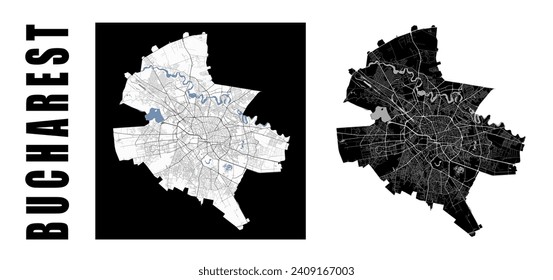 Bucharest map. Romania city within administrative municipal borders. Set of black and white vector maps. Streets and Dambovita river, high resolution.