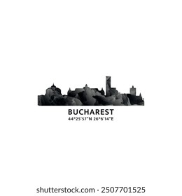 Bucharest panorama, vector badge, skyline logo and icon. Romania capital city horizon logotype with landmarks and building silhouettes. Isolated foggy abstract gradient graphic