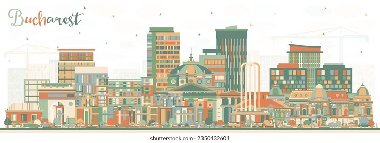 Bucharest Romania City Skyline with Color Buildings. Vector Illustration. Bucharest Cityscape with Landmarks. Business Travel and Tourism Concept with Historic Architecture.