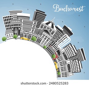 Bucharest Romania City Skyline with Color Buildings, Blue Sky and Copy Space. Vector Illustration. Bucharest Cityscape with Landmarks. Business Travel and Tourism Concept with Historic Architecture.