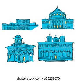 Bucharest, Romania, Colored Landmarks, Scalable Vector Monuments. Filled with Blue Shape and Yellow Highlights. 