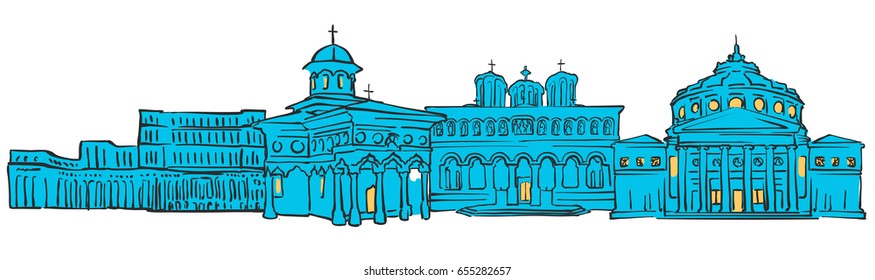 Bucharest, Romania, Colored Panorama, Filled with Blue Shape and Yellow Highlights. Scalable Urban Cityscape Vector Illustration 