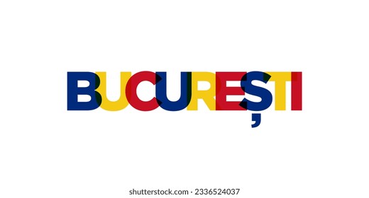 Bucharest in the Romania emblem for print and web. Design features geometric style, vector illustration with bold typography in modern font. Graphic slogan lettering isolated on white background.