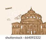 Bucharest, Romania, Greeting Card, hand drawn image, famous european capital, vintage style, vector Illustration