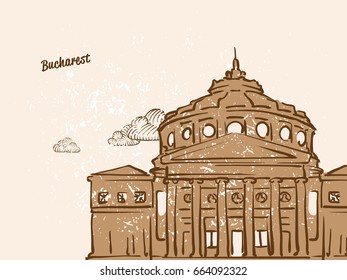 Bucharest, Romania, Greeting Card, hand drawn image, famous european capital, vintage style, vector Illustration