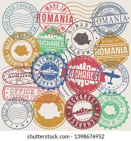 Bucharest Romania Set of Stamps. Travel Stamp. Made In Product. Design Seals Old Style Insignia.
