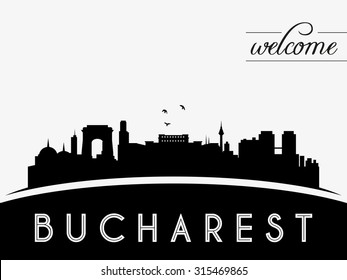 Bucharest Romania skyline silhouette, black and white design, vector illustration