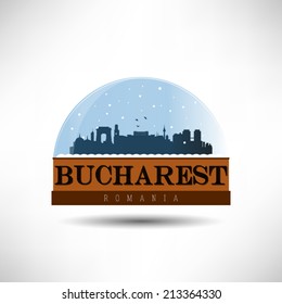 Bucharest, Romania, skyline silhouette design in snow globe, vector illustration.