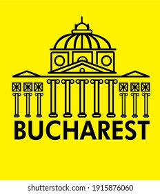 Bucharest, Romania, Yellow Background. Scalable Urban Cityscape Vector Illustration architecture one line drawing 