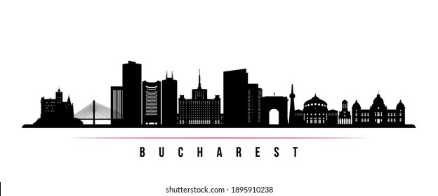 Bucharest skyline horizontal banner. Black and white silhouette of Bucharest, Romania. Vector template for your design. 