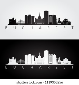 Bucharest skyline and landmarks silhouette, black and white design, vector illustration.