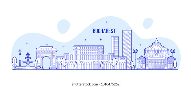 Bucharest skyline, Romania. This illustration represents the city with its most notable buildings. Vector is fully editable, every object is holistic and movable