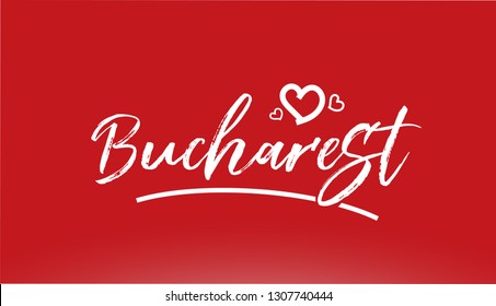 bucharest white city hand written text with heart on red background for logo or typography design