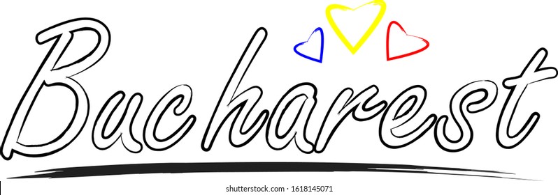Bucharest Word Text with Handwritten Font and Red, Yellow and Blue Love Hearts Vector Image Illustration Eps. Word for banners, badges, postcard, t-shirt, prints, posters, label cover or web page.