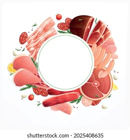 Bucher shop products meat cuts ham slices sausages bacon appetizing background circular frame advertising realistic vector illustration