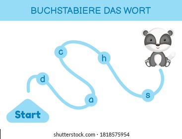 Buchstabiere das wort - Spell the word. Maze for kids. Spelling word game template. Learn to read word badger. Activity page for study German for development of children. Vector stock illustration.