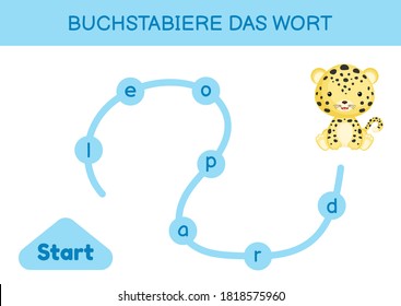 Buchstabiere das wort - Spell the word. Maze for kids. Spelling word game template. Learn to read word jaguar. Activity page for study German for development of children. Vector stock illustration.