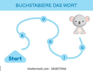 Buchstabiere das wort - Spell the word. Maze for kids. Spelling word game template. Learn to read word koala. Activity page for study German for development of children. Vector stock illustration.