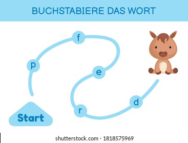 Buchstab das Wort "Würze"- Spann das Wort. Maze für Kinder. Rechtschreibwortvorlage für Spiel. Lerne, Wort Pferd zu lesen. Aktivitätsseite für Deutsch für die Entwicklung von Kindern. Vektorgrafik.