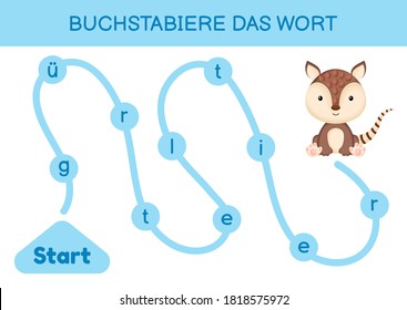 Buchstabiere das wort - Spell the word. Maze for kids. Spelling word game template. Learn to read word armadillo. Activity page for study German for development of children. Vector stock illustration.