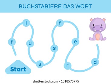 Buchstabiere das wort - Spell the word. Maze for kids. Spelling word game template. Learn to read word hippo. Activity page for study German for development of children. Vector stock illustration.