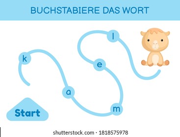 Buchstabiere das wort - Spell the word. Maze for kids. Spelling word game template. Learn to read word camel. Activity page for study German for development of children. Vector stock illustration.