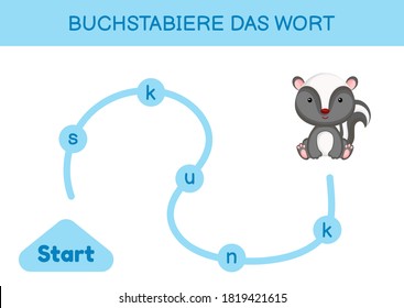 Buchstabiere das wort - Spell the word. Maze for kids. Spelling word game template. Learn to read word skunk. Activity page for study German for development of children. Vector stock illustration.