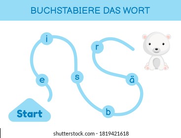 Buchstabiere das wort - Spell the word. Maze for kids. Spelling word game template. Learn to read word polar bear. Activity page for study German for development of children. Vector stock illustration