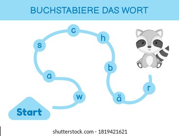 Buchstabiere das wort - Spell the word. Maze for kids. Spelling word game template. Learn to read word raccoon. Activity page for study German for development of children. Vector stock illustration.