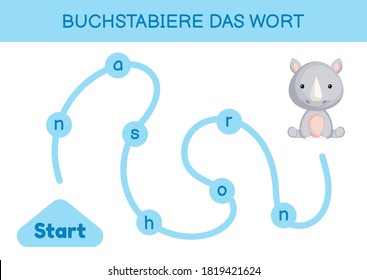 Buchstabiere das wort - Spell the word. Maze for kids. Spelling word game template. Learn to read word rhino. Activity page for study German for development of children. Vector stock illustration.