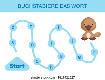 Buchstabiere das wort - Spell the word. Maze for kids. Spelling word game template. Learn to read word platypus. Activity page for study German for development of children. Vector stock illustration.