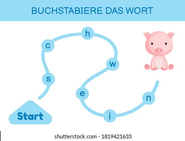 Buchstabiere das wort - Spell the word. Maze for kids. Spelling word game template. Learn to read word pig. Activity page for study German for development of children. Vector stock illustration.