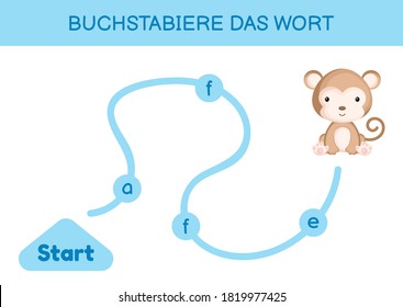 Buchstabiere das wort - Spell the word. Maze for kids. Spelling word game template. Learn to read word monkey. Activity page for study German for development of children. Vector stock illustration.