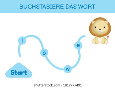 Buchstabiere das wort - Spell the word. Maze for kids. Spelling word game template. Learn to read word lion. Activity page for study German for development of children. Vector stock illustration.