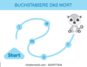 Buchstabiere das wort - Spell the word. Maze for kids. Spelling word game template. Learn to read word lemur. Activity page for study German for development of children. Vector stock illustration.