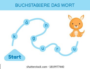 Buchstabiere das wort - Spell the word. Maze for kids. Spelling word game template. Learn to read word kangaroo. Activity page for study German for development of children. Vector stock illustration.