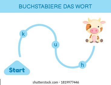 Buchstabiere das wort - Spell the word. Maze for kids. Spelling word game template. Learn to read word cow. Activity page for study German for development of children. Vector stock illustration.